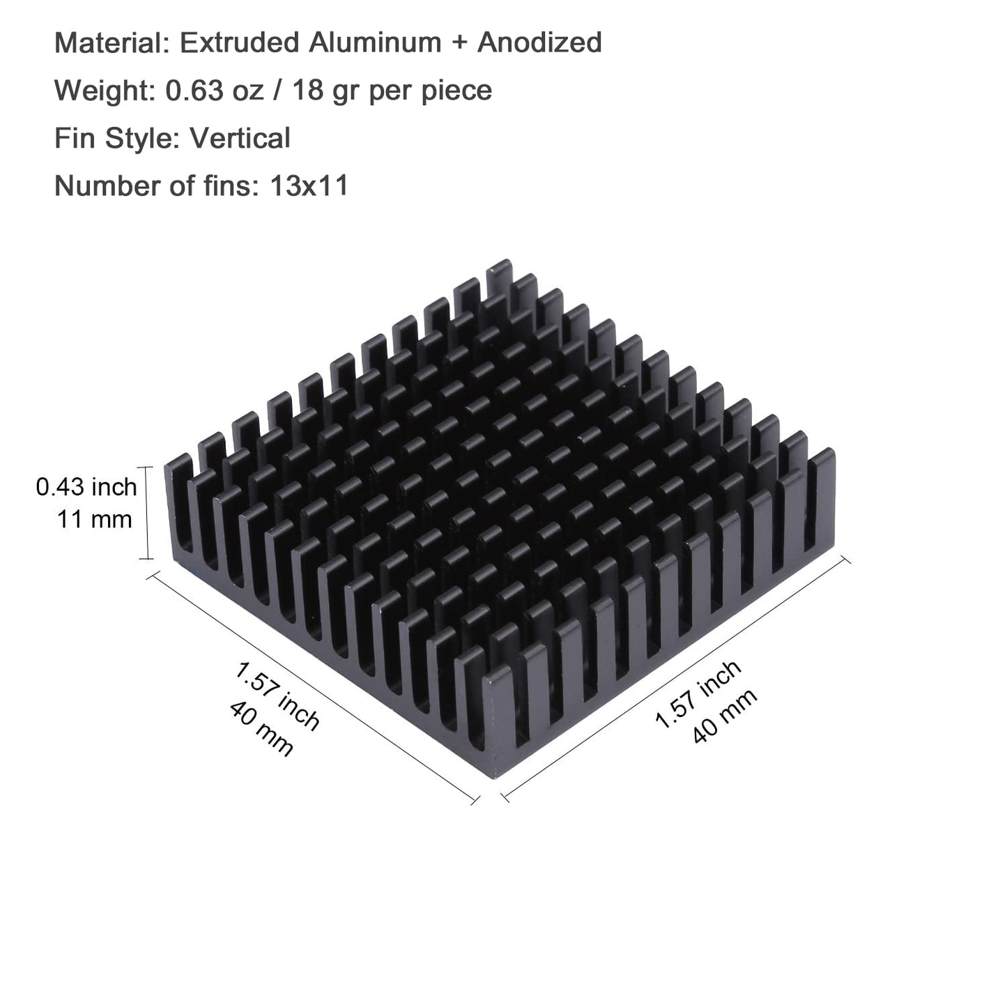 40mm Heat Sink Kit 40 x 40 x 11mm/ 1.57" x 1.57" x 0.43" Aluminum Heatsink Radiator Cooler with Thermal Conductive Adhesive Tape Cooling Fins for Peltier Module Computer PCB Charger Electronic Router