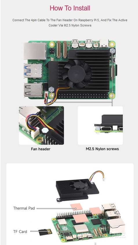 Raspberry Pi 5 Official Active Cooler，Aluminium Heatsink, Variable-Speed Blower (Black)