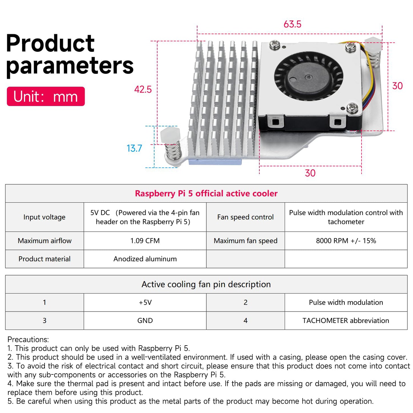 Raspberry Pi 5 Official Active Cooler，Aluminium Heatsink, Variable-Speed Blower