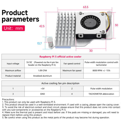 Raspberry Pi 5 Official Active Cooler，Aluminium Heatsink, Variable-Speed Blower